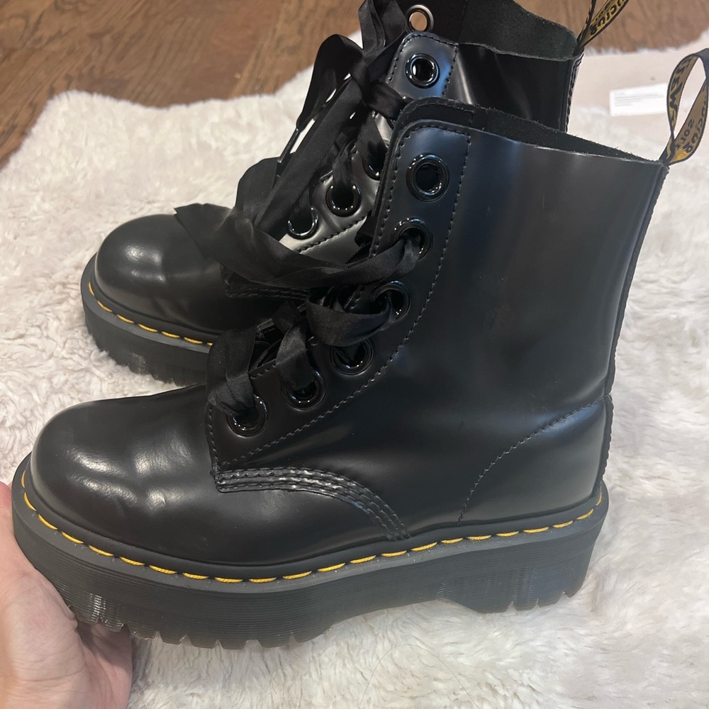 Dr. Martens Shiny Black Lace-Up Boots with Yellow Stitching